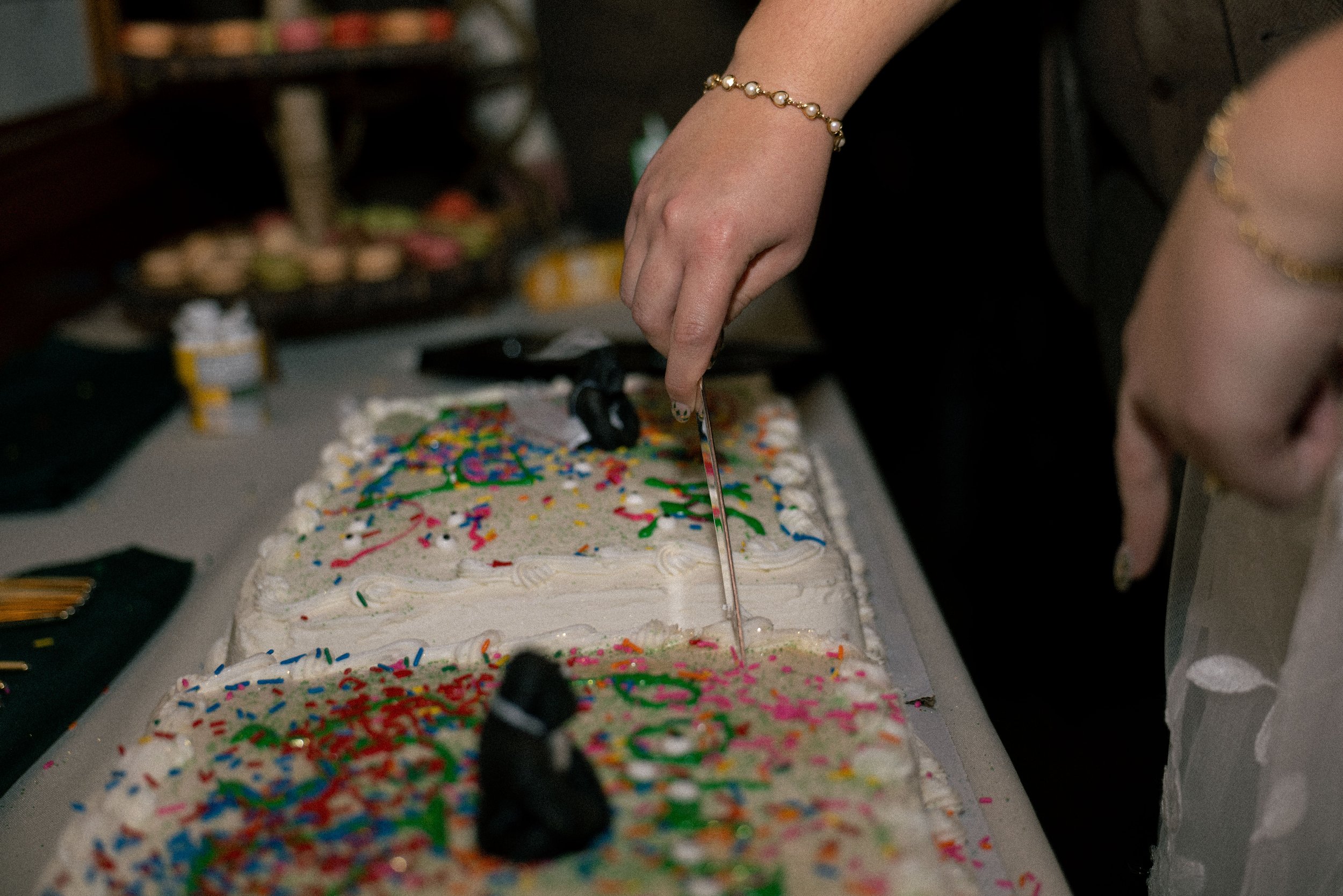 Person cutting a decorated birthday cake with a long knife, adding a candle, with colorful sprinkles and icing on the cake.