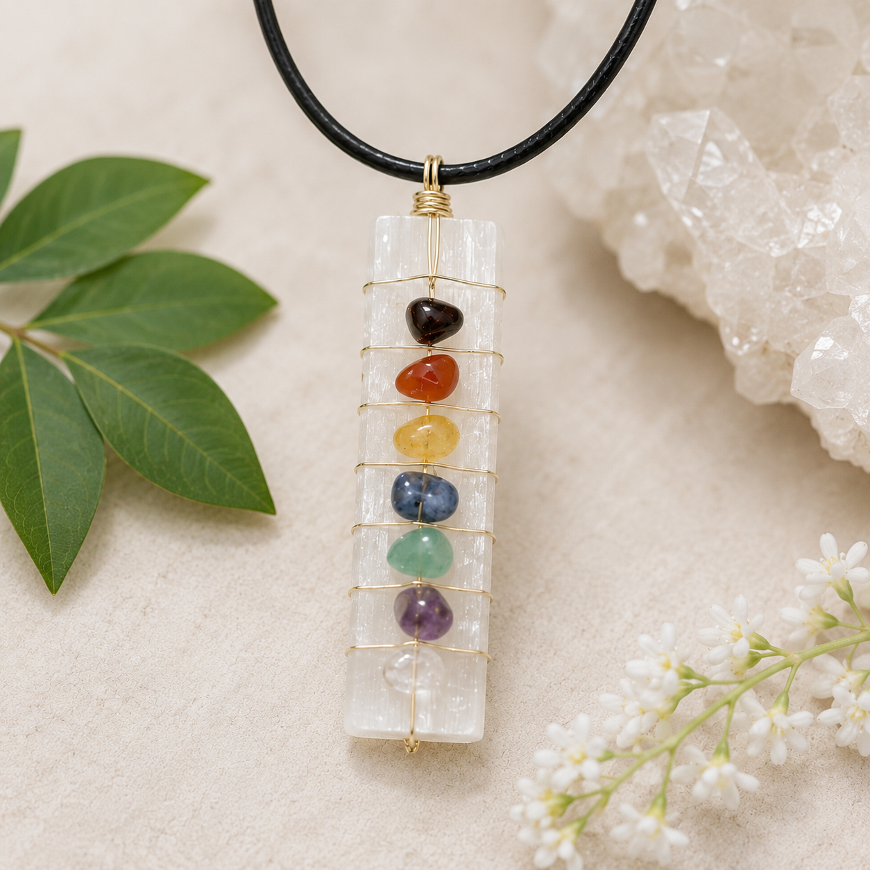 Selenite & Seven Chakra Stone Pendant Necklace