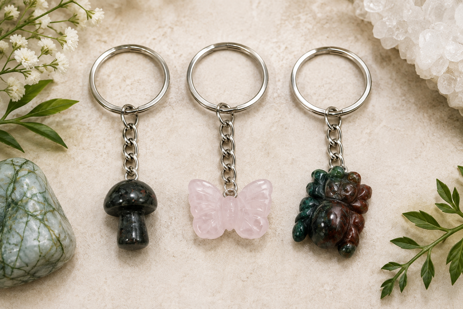 Keychains | African Bloodstone Mini Mushroom | Rose Quartz Butterfly | Ocean Jasper Spider
