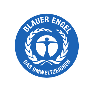 Blauer Engel miljömärke med en blå bakgrund och vit text, symboliserar miljövänlighetsmärkning.