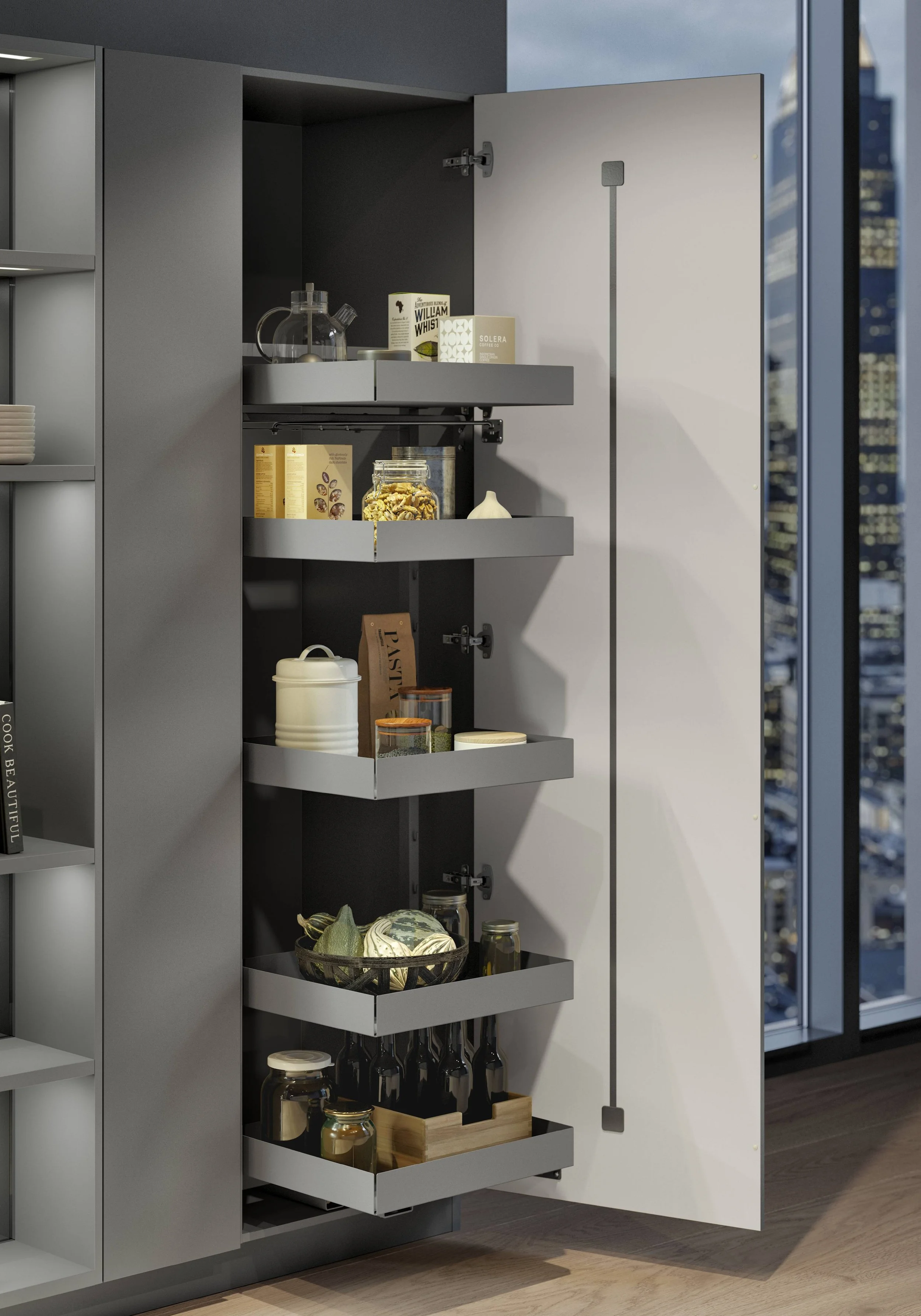 Uppfällbar skåpöppning med förvaringshyllor innehållande matvaror, burkar och köksartiklar, i en modern stadslägenhet.