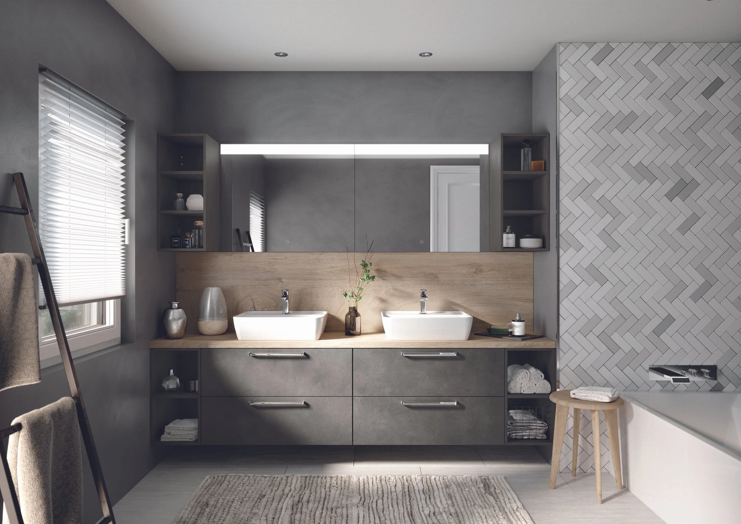 En modern badrumsinredning med tvättställ, spegel, fönster med vita persienner, snedtak, ljus träbänk, grå väggar, stolar med handdukar, badkar och växter.