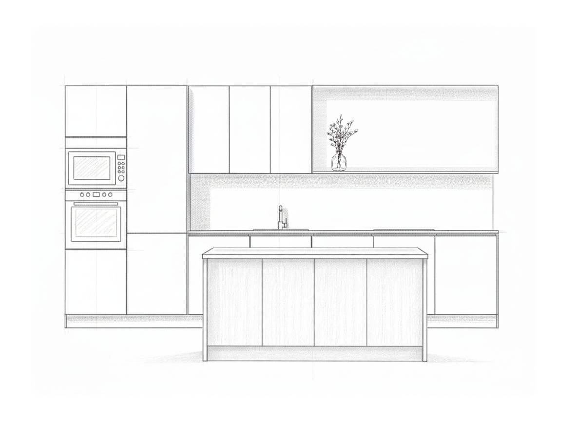 Modern inredning av ett öppet kök och vardagsrum med ljusa skandinaviska färger, stora fönster och naturinvånade element.