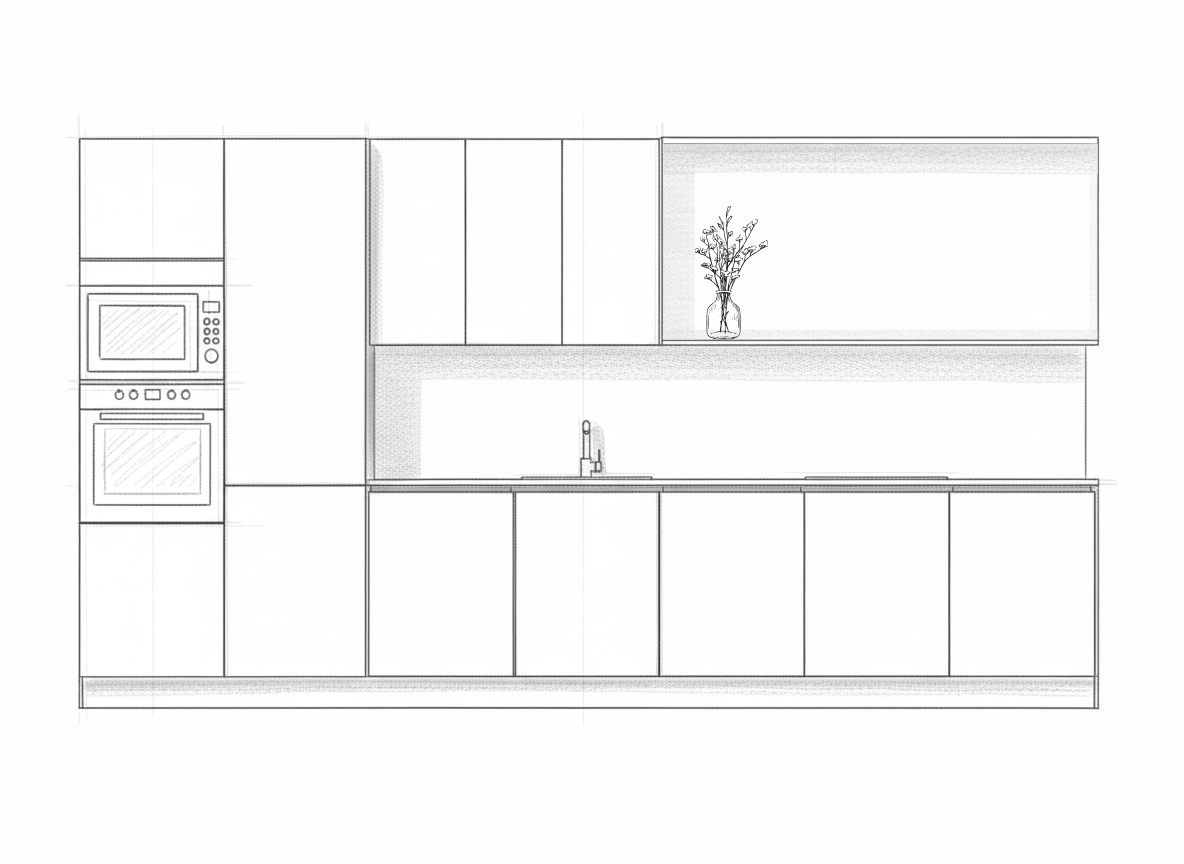 Ett modernt, ljust kök med öppen planlösning, matbord med fyra stolar och ett tv-rum i bakgrunden