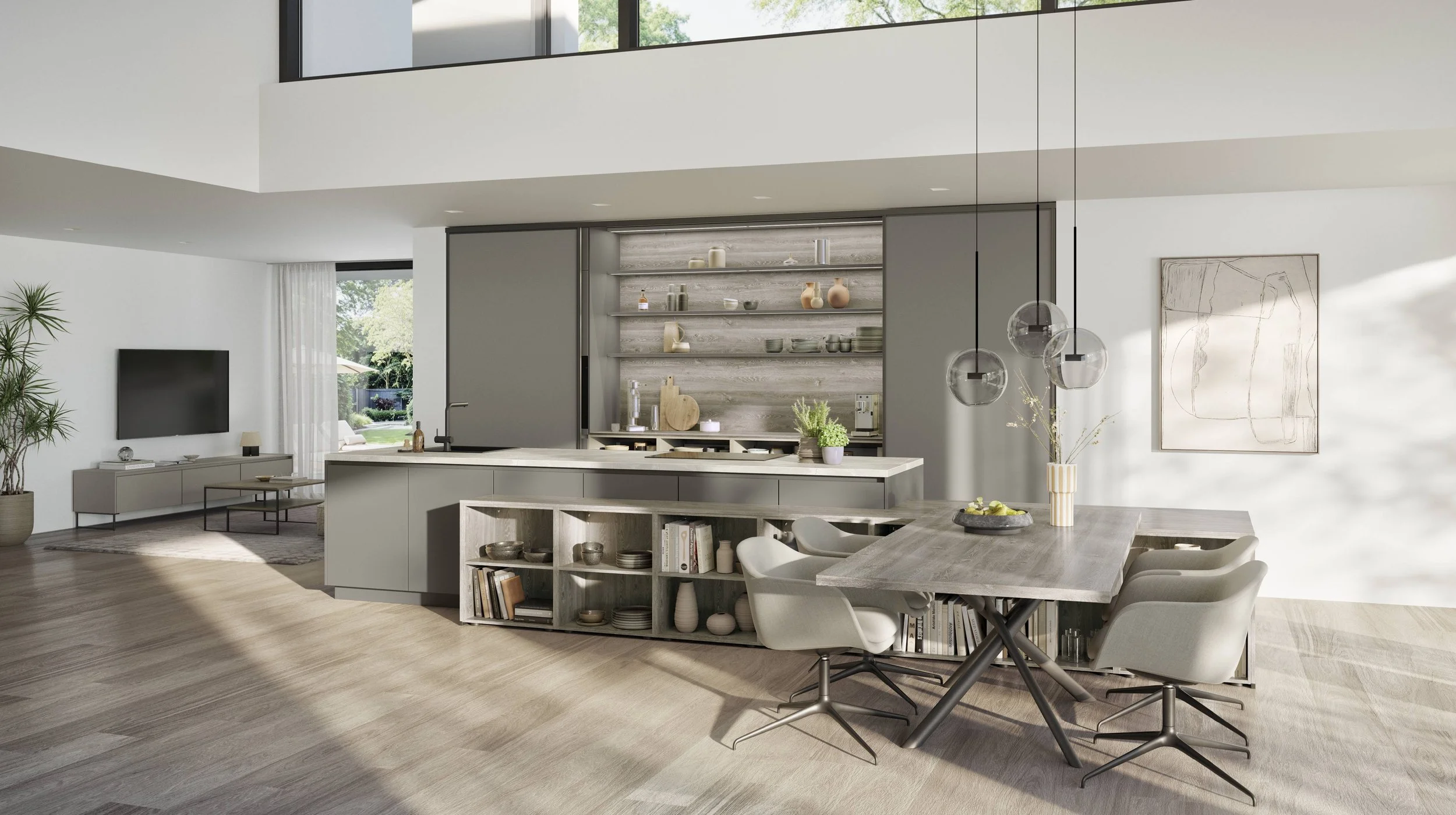 Lyxigt modernt mörkgrått kök och matplats i ett öppet plan, med grått skåp, trä-öppen hylla, matbord och vita stolar, samt ett litet vardagsrum med TV och soffa i bakgrunden.