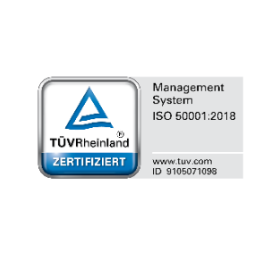 Certifieringsmärke för ISO 50001:2018 managementsystem från TÜV Rheinland.