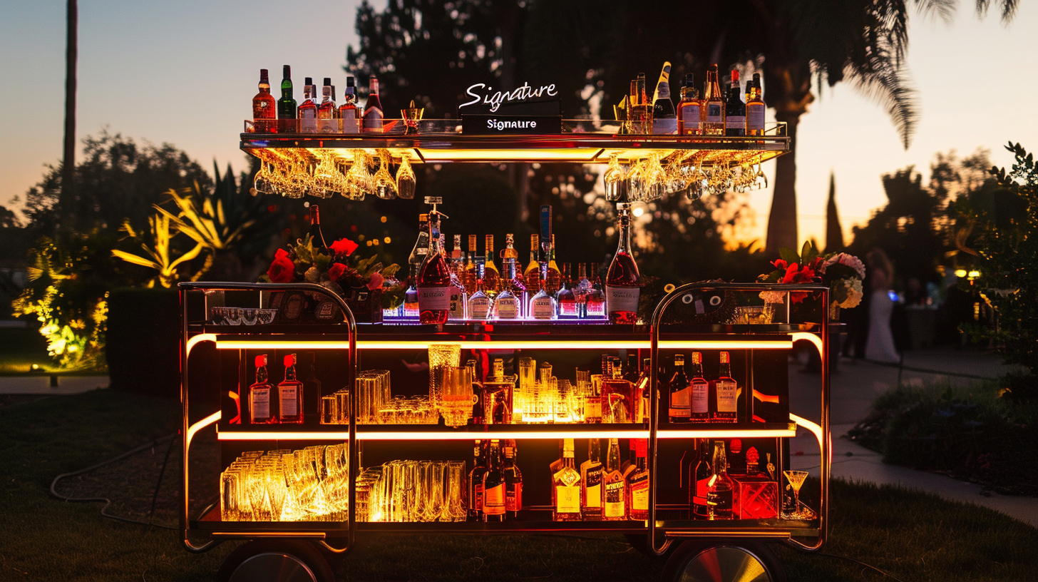 Illuminated bar cart with bottled liquors and glasses at dusk, outdoor setting with trees and people in the background.