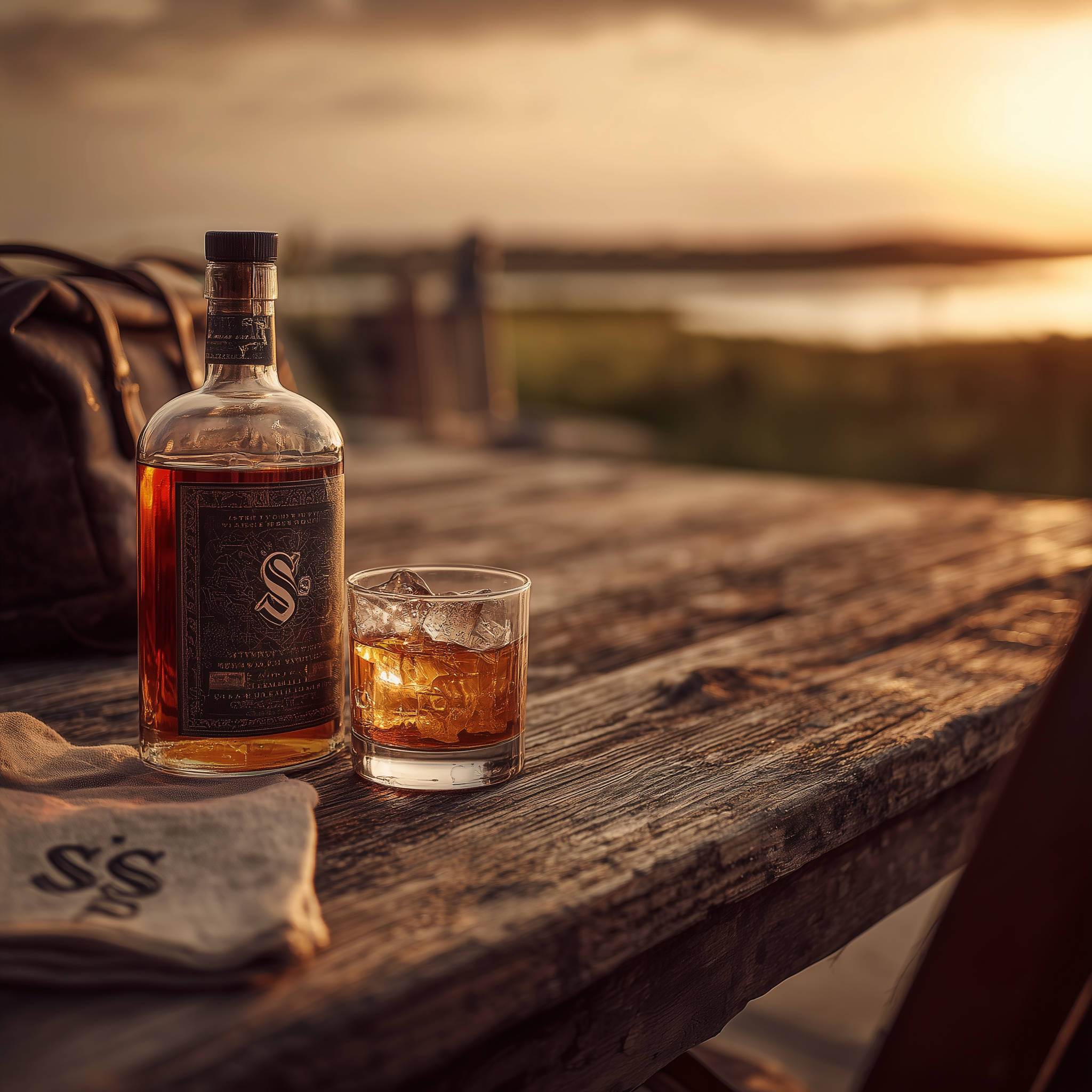 A bottle of whiskey and a glass filled with whiskey and ice on a rustic wooden table, with a sunset in the background.