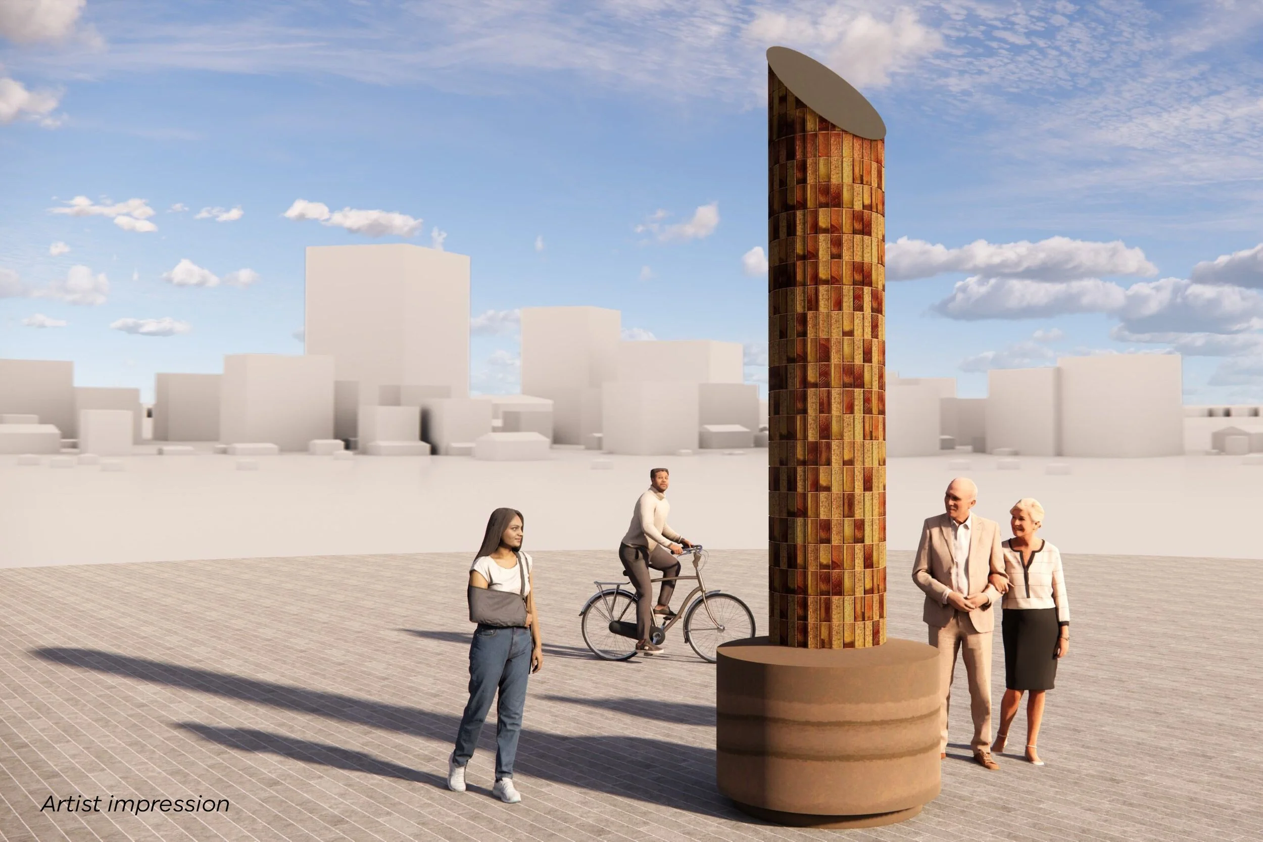 Artist's impression of a modern urban plaza with people near a tall, cylindrical sculpture made of multicolored tiles, under a clear blue sky.