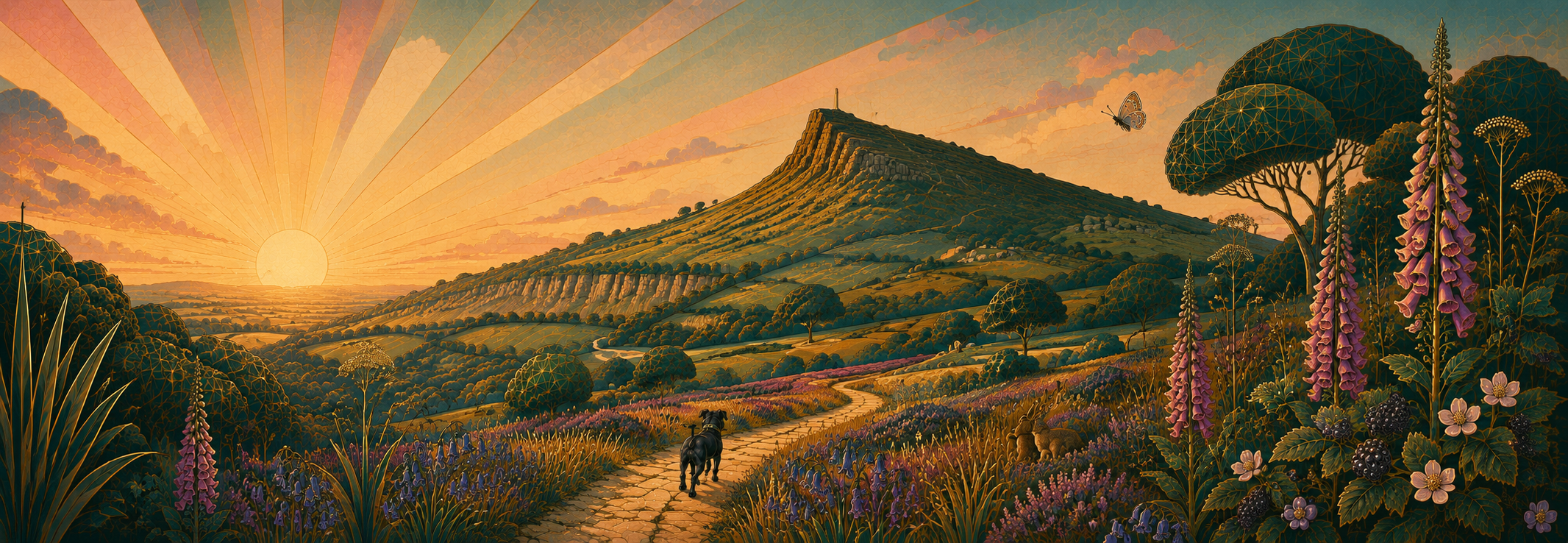 A black Staffordshire bull terrier follows a golden path through wildflowers towards a sunlit hill.