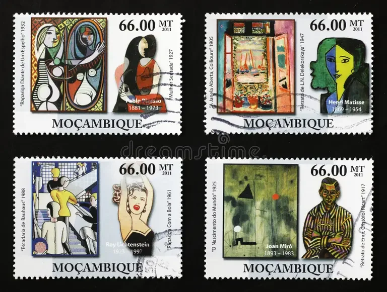 important-paintings-picasso-matisse-liechtenstein-mirò-four-postage-stamps-mozambique-important-paintings-248394126.webp