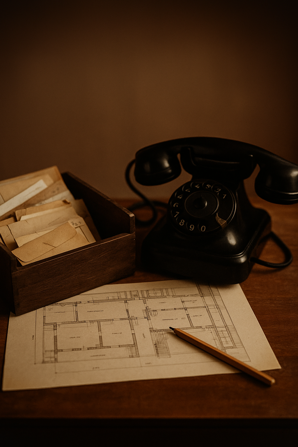 Teléfono negro de época, planos de construcción y una caja con sobres en una mesa de madera