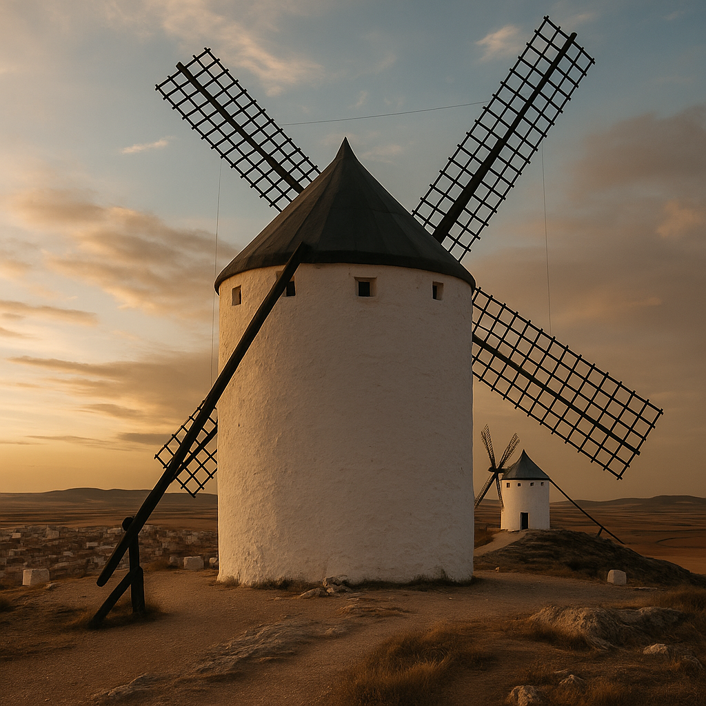 Molinos de viento en un paisaje rural durante el atardecer