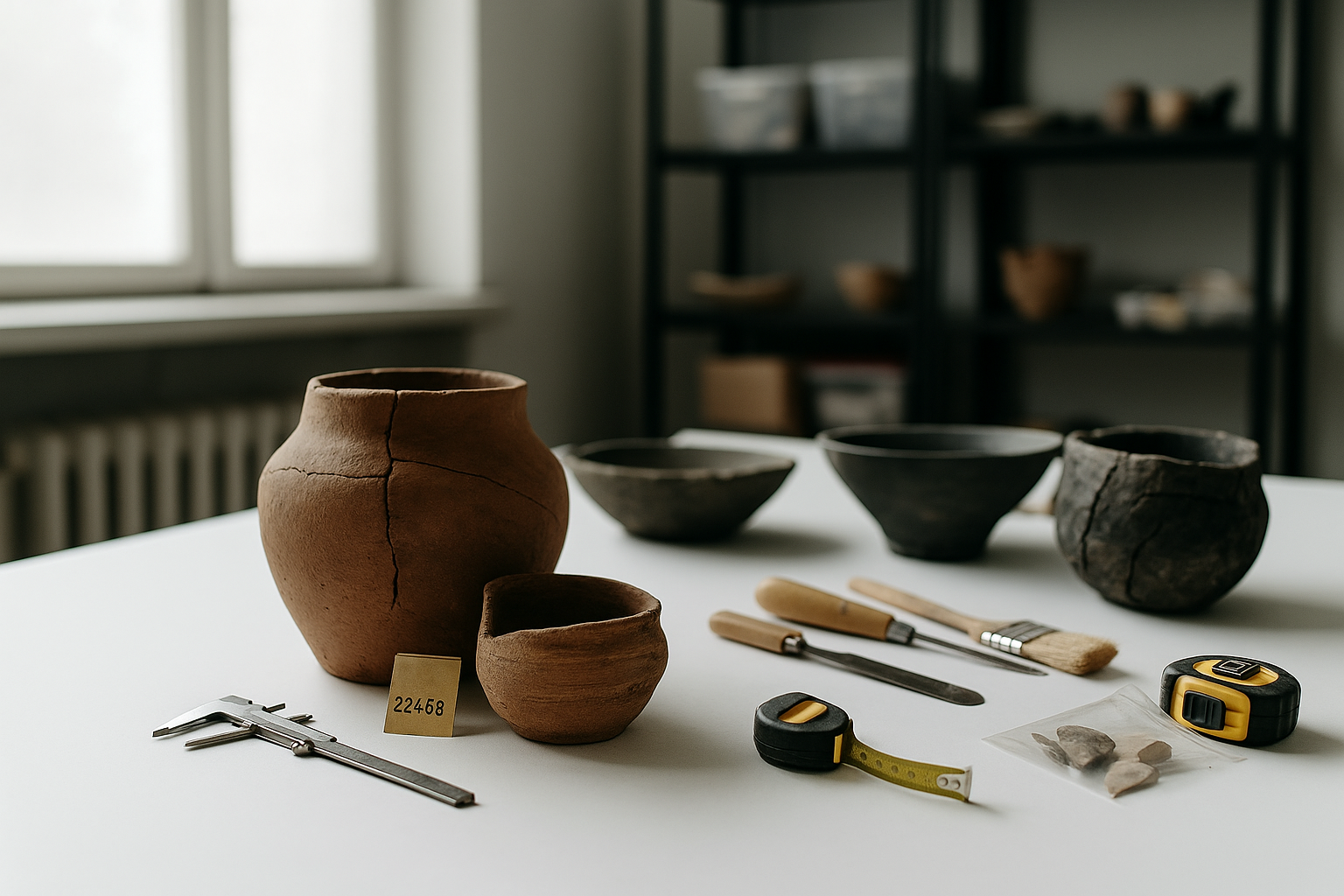 Vasos de cerámica en proceso de restauración, herramientas de restaurador, y una etiqueta con el número 22468 en una mesa de trabajo.