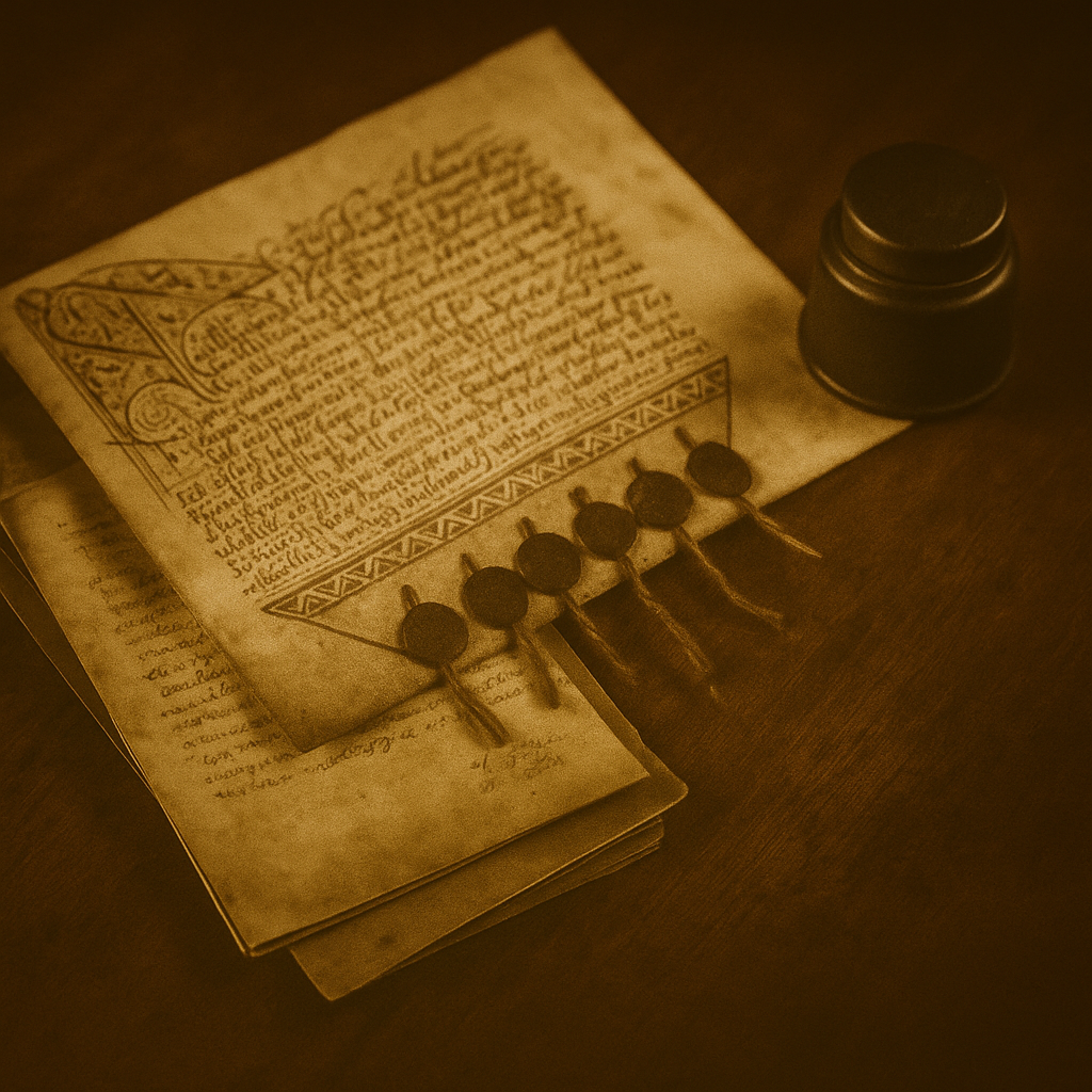 Documento antiguo con texto en escritura medieval, cinco sellos con cordones y un recipiente pequeño sobre una mesa de madera.