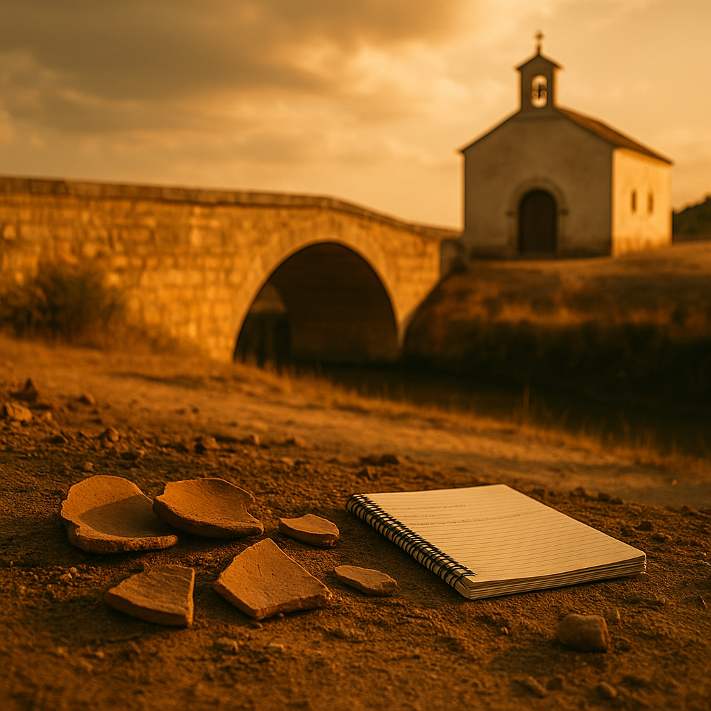 Cántaro roto, cuaderno y piedra en el suelo frente a una iglesia y puente de piedra al atardecer.