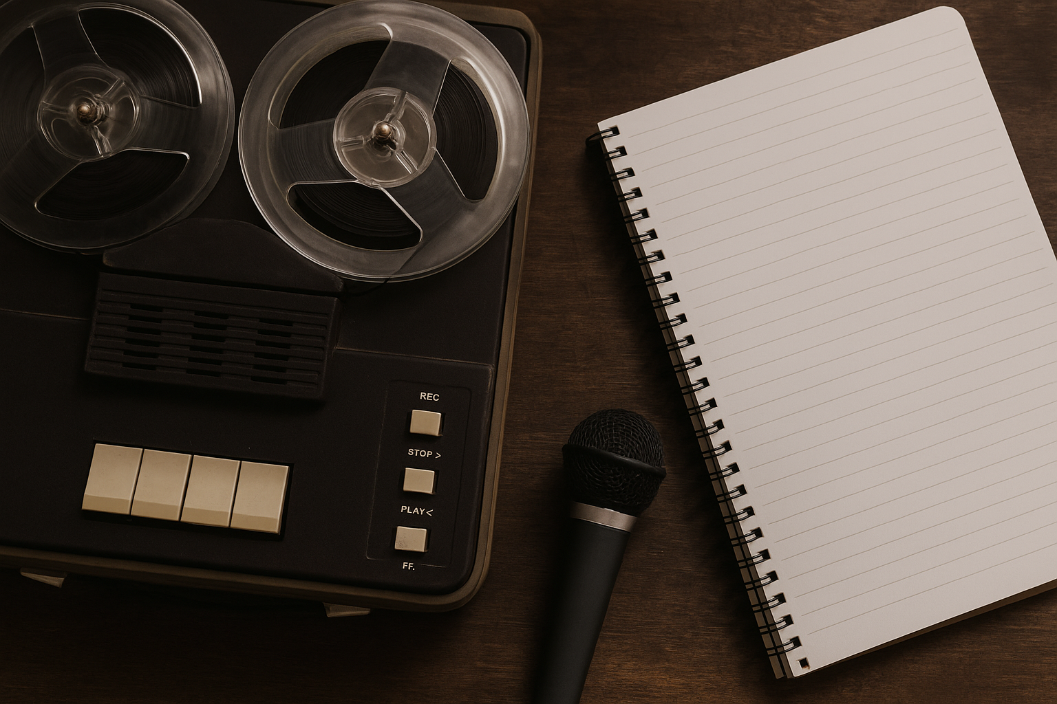 Cinta de audio, grabadora, micrófono y libreta en una mesa de madera, lista para grabar un podcast o un programa de radio.
