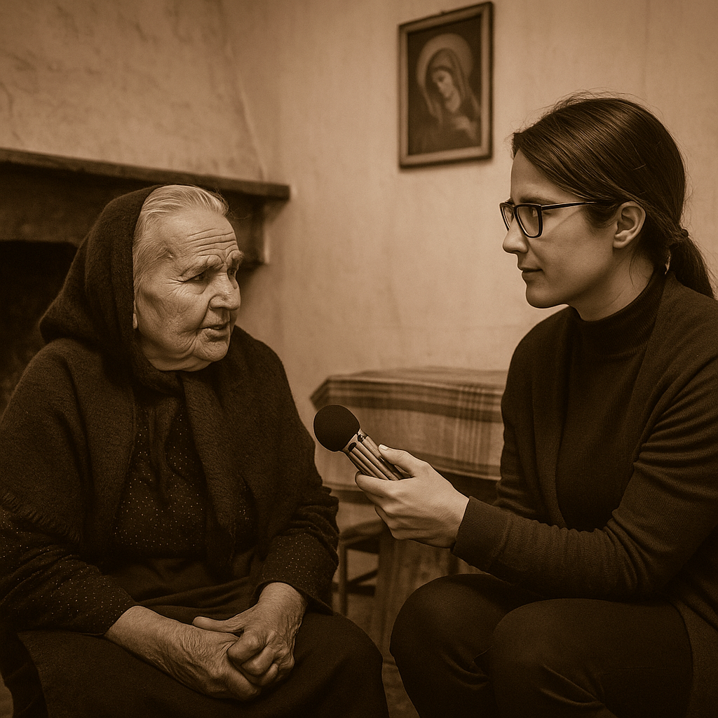 Una mujer joven entrevistando a una anciana en una sala de estar con un retrato religioso en la pared