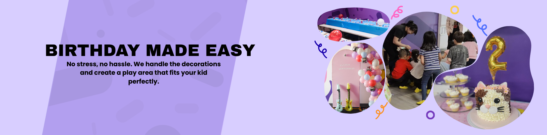 Decorated private party setup for a child's birthday with balloons, cupcakes, and decorations, and children playing.