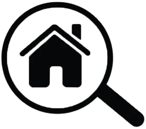 Magnifying glass focusing on a house icon.