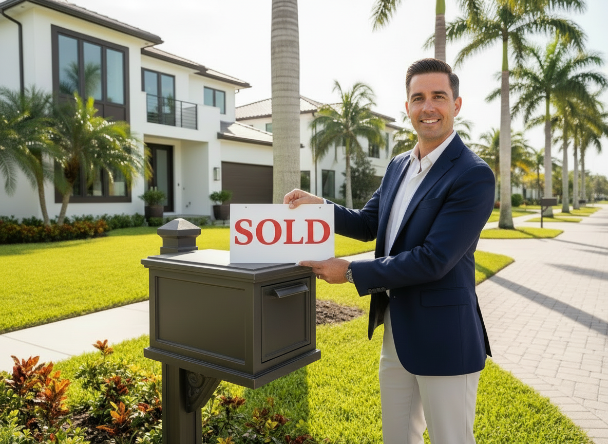 A man in a navy blue suit holding a 'SOLD' sign on a mailbox in front of a modern house with palm trees.