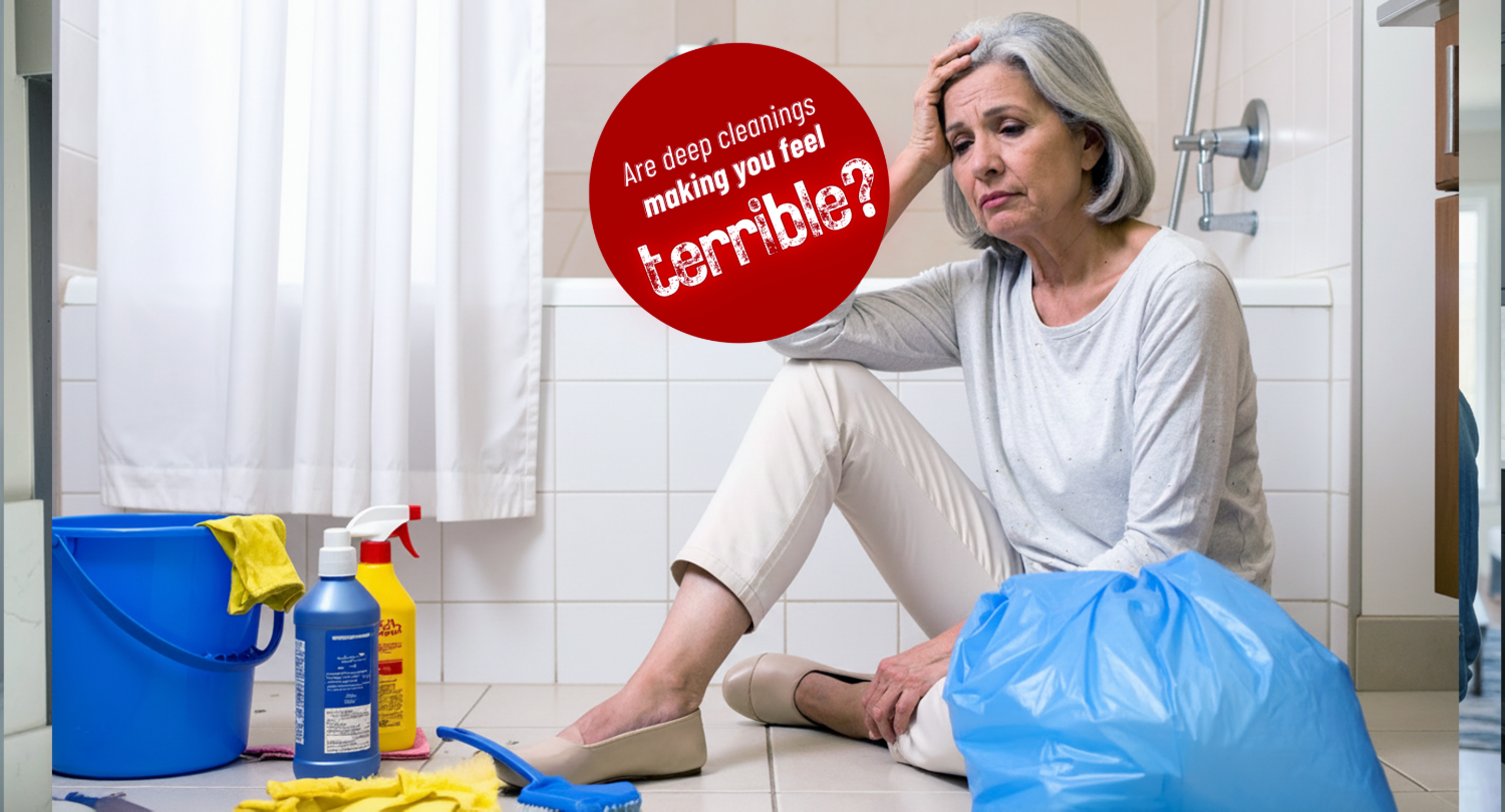 Senior lady is siting on the floor thinking after cleaning the shower tub. 
