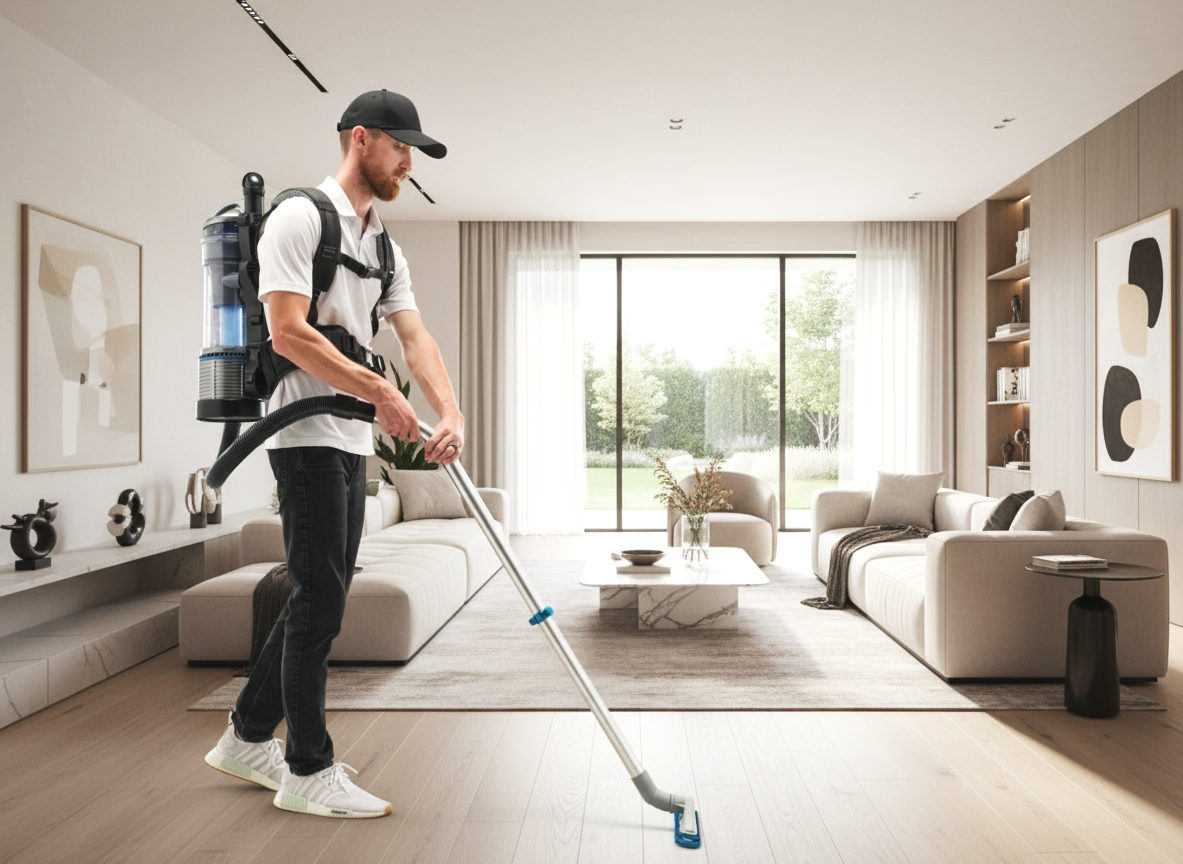 Man vacuuming a modern living room with beige sofas and large windows.