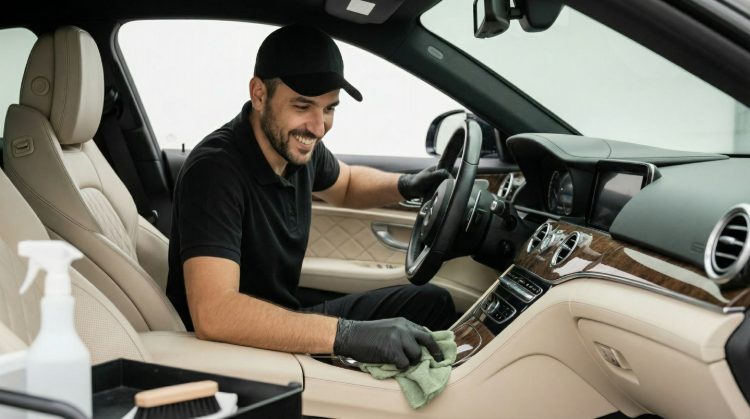 A man cleaning the interior of a car, wearing black gloves and a black cap, smiling while wiping the console with a cloth.