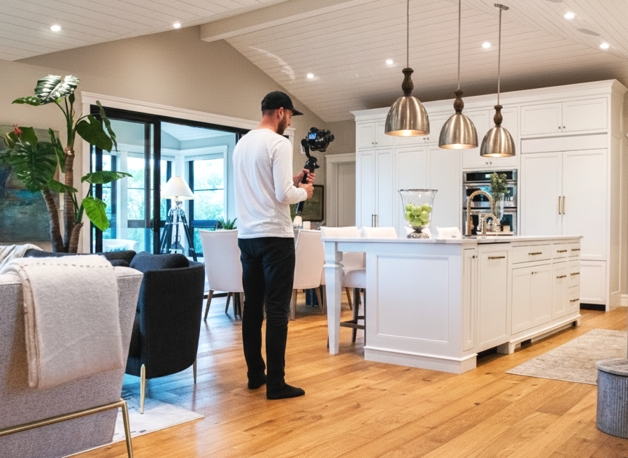 A man in a white sweatshirt and black pants stands in a modern, bright kitchen holding a camera on a stabilizer.