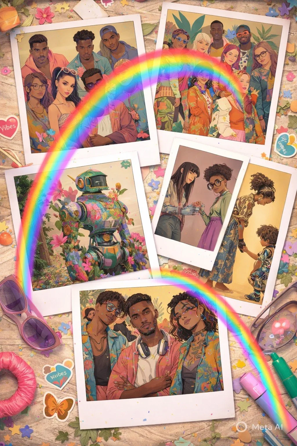 Collection of colorful illustrated photographs of diverse groups of young people, some posing and others engaging with each other, along with a robot, placed on a surface decorated with paper confetti, rainbow, and sunglasses.