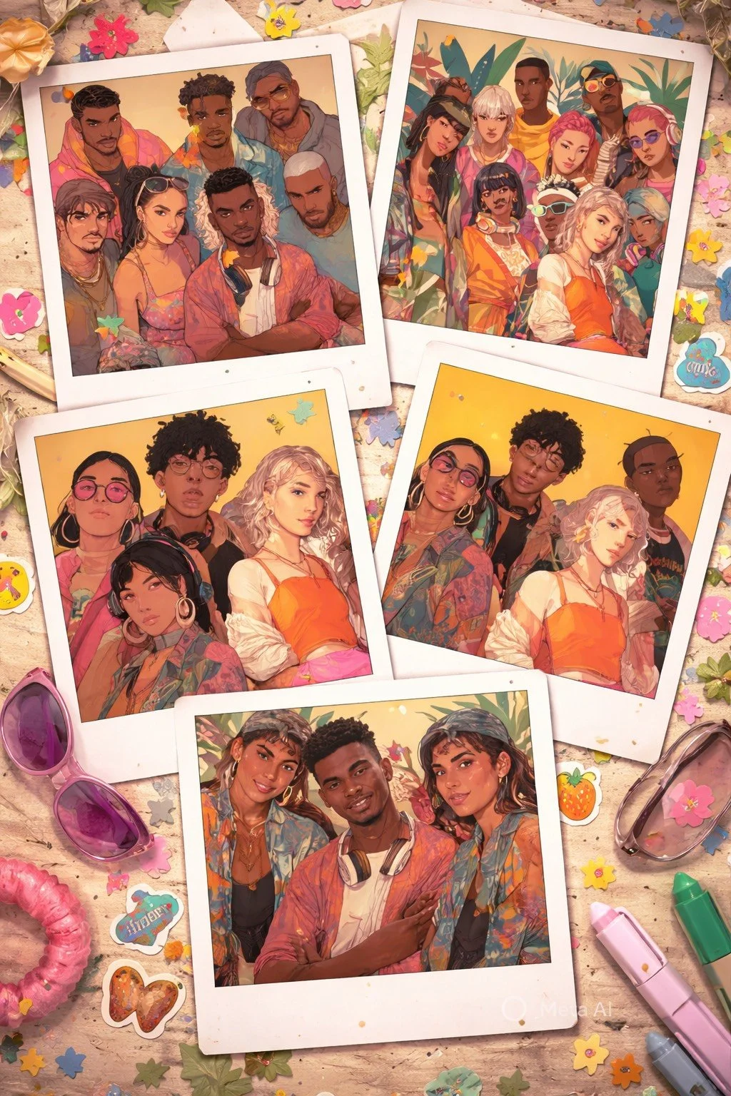 Colorful illustrated photos of diverse young adults in casual summer clothing, with some wearing sunglasses and headphones, set on a table decorated with confetti, sunglasses, and small decorative items.