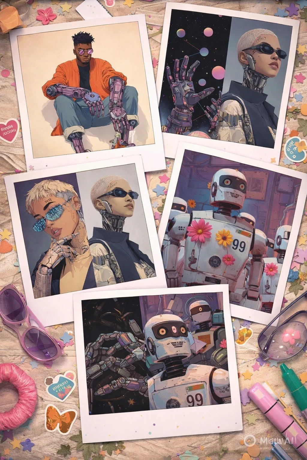 Collection of illustrated robot and cyberpunk style character photos, surrounded by colorful small confetti, sunglasses, and toys on a table.