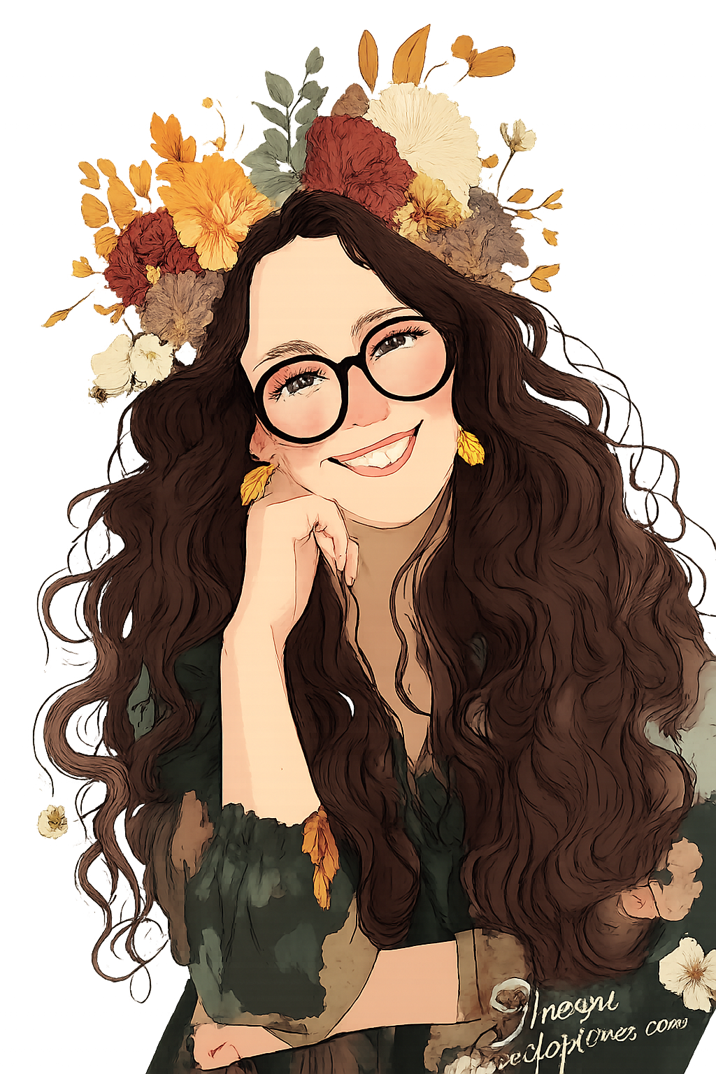 A woman with long, curly hair, glasses, and earrings, smiling and resting her chin on her hand, surrounded by a floral crown of colorful flowers.