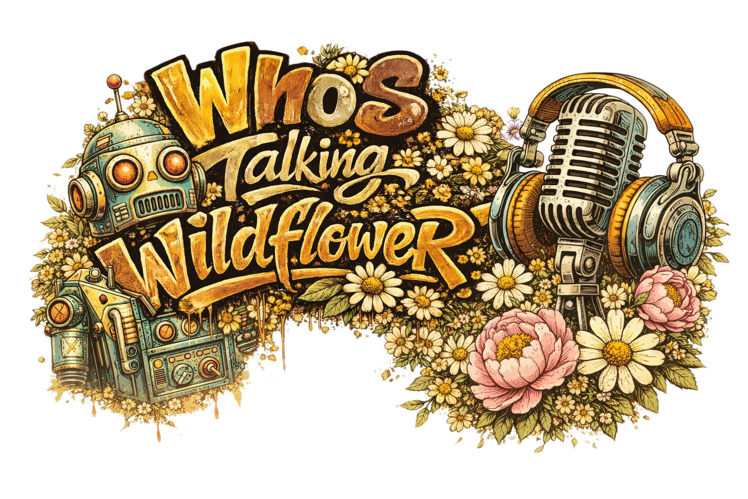 Illustration with floral background, vintage robots, and a large microphone, with the text "Who's Talking Wildflower."
