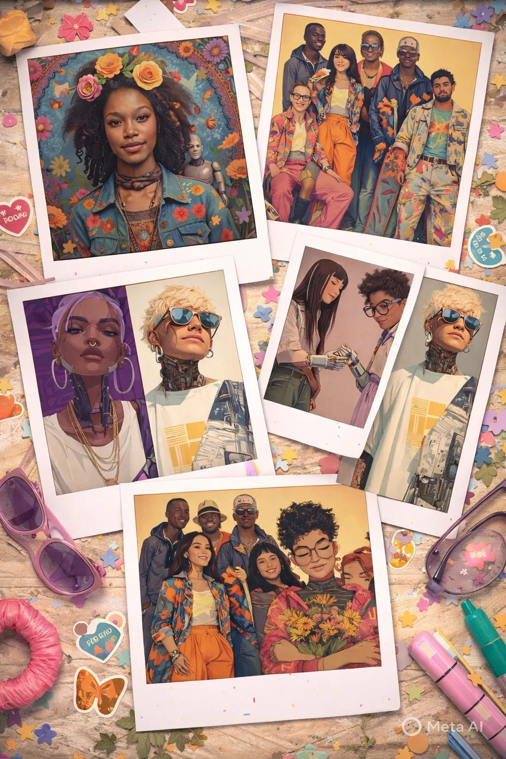 Collection of five colorful photos of diverse groups of young people, some with tattoos and unique hairstyles, posing in artistic and vibrant settings, surrounded by sunglasses, confetti, and playful accessories.