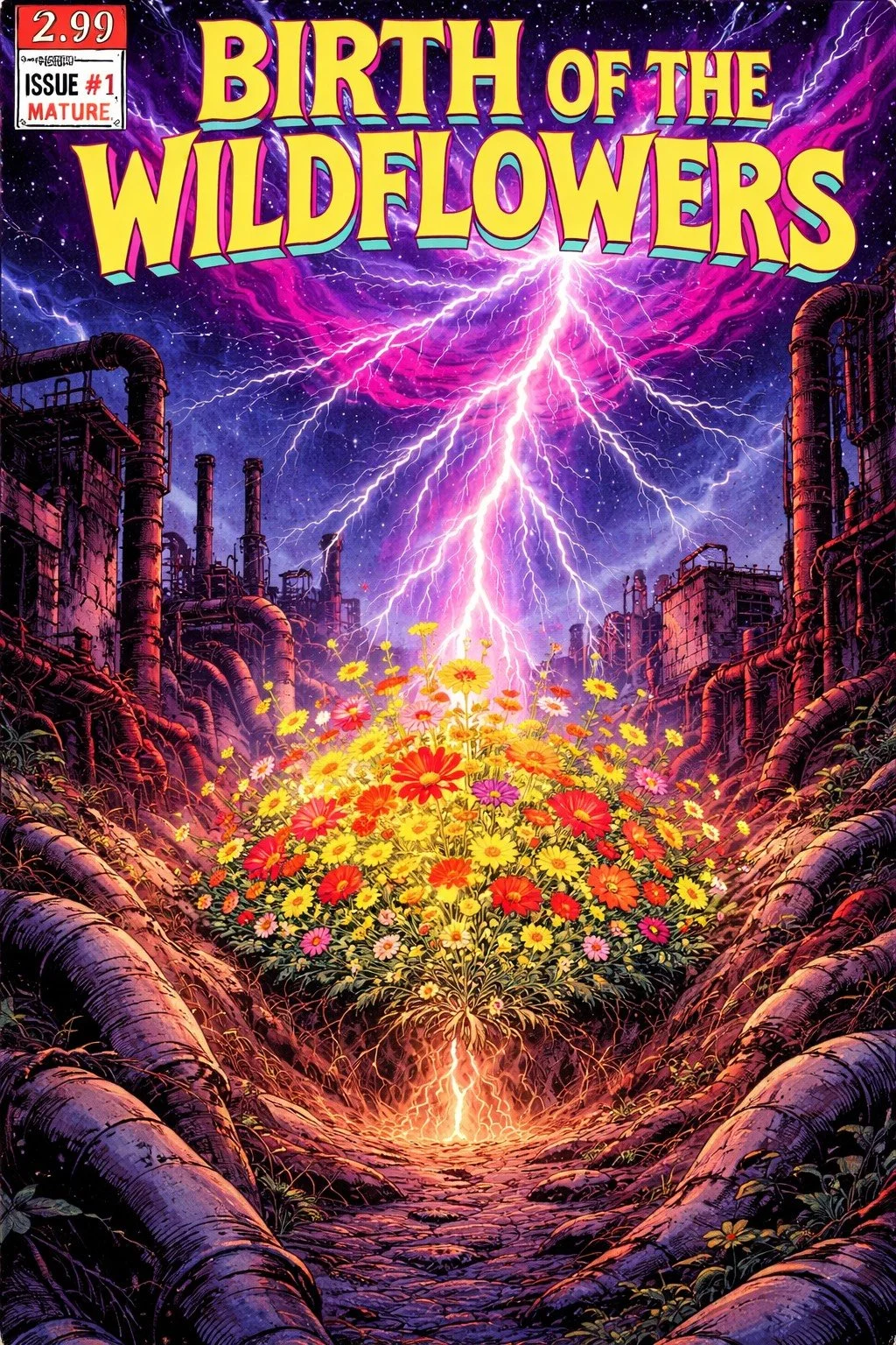 A colorful comic book cover titled 'Birth of the Wildflowers' showing a vibrant scene with factory ruins and pipes framing a field of blooming wildflowers under a stormy sky with lightning.