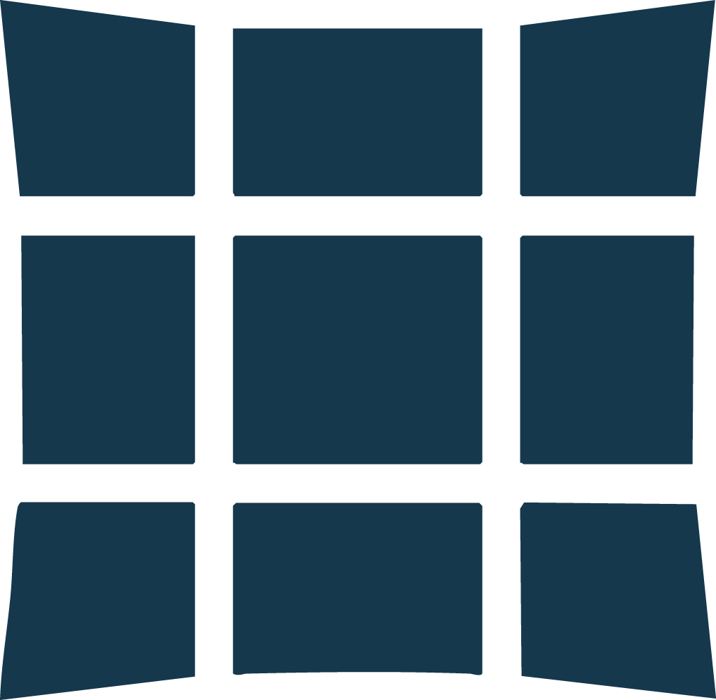 Nine dark blue rectangles arranged in a 3x3 grid with uneven sides.