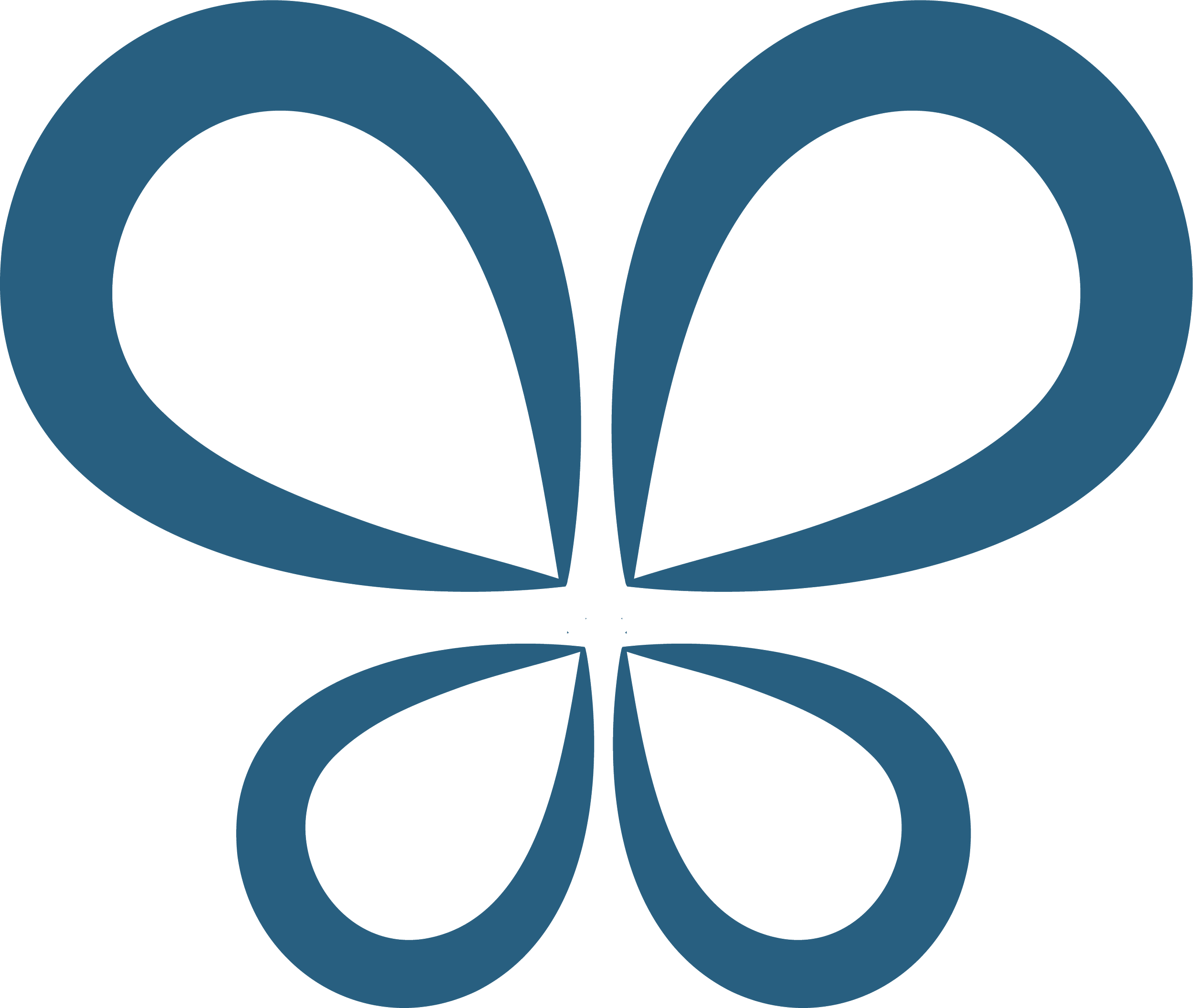 A stylized butterfly logo with four large blue wings and four smaller wings, with a black body in the center.