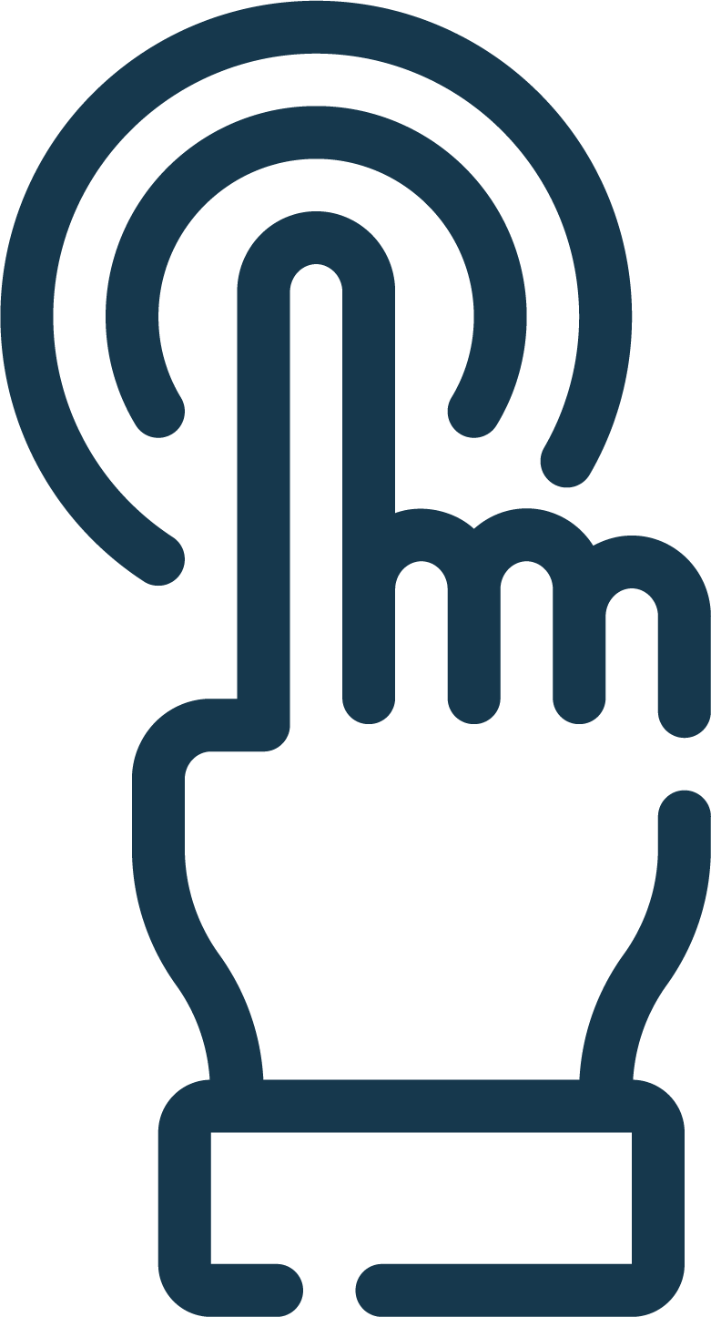 Illustration of a hand pressing a button with concentric circles around it, resembling a touch or tap icon.