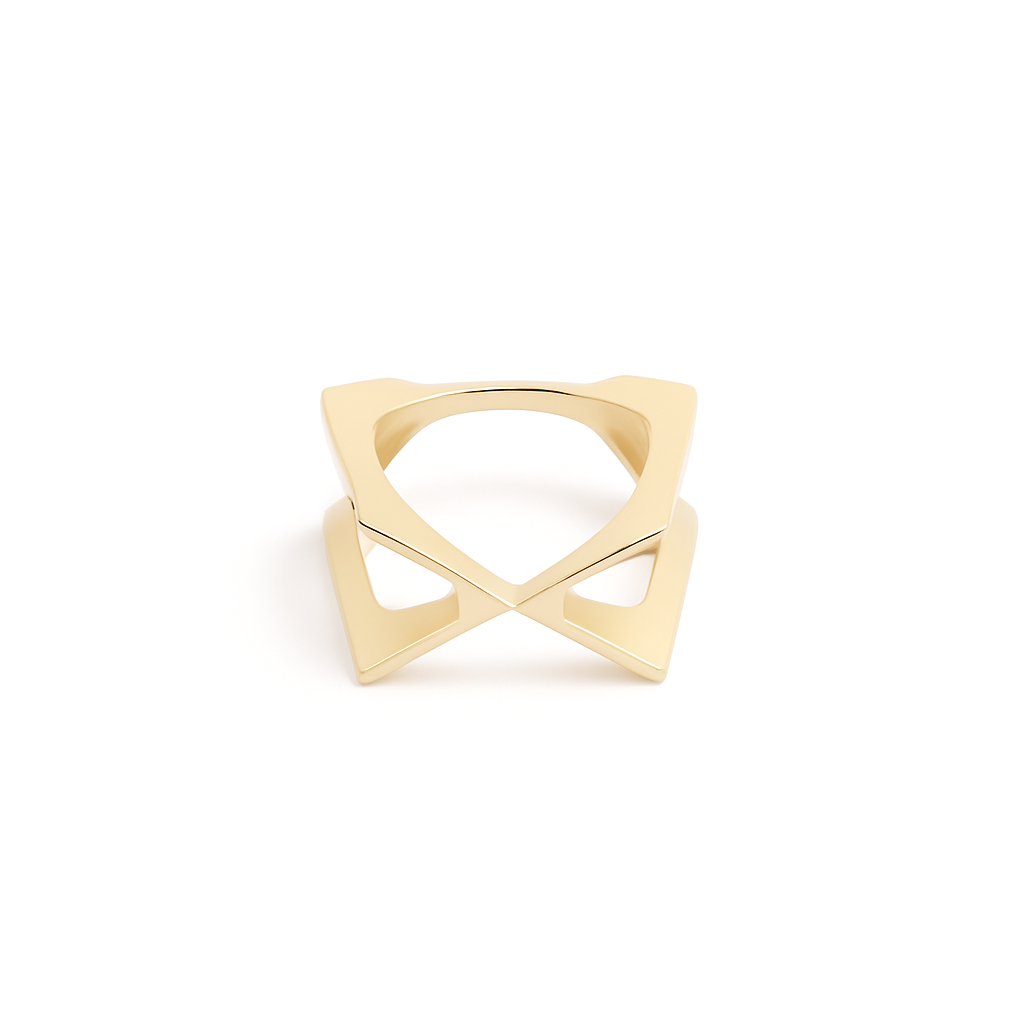 Vintage geometric 18k yellow gold ring in size K, photographed on a light background showing its minimal rounded silhouette.