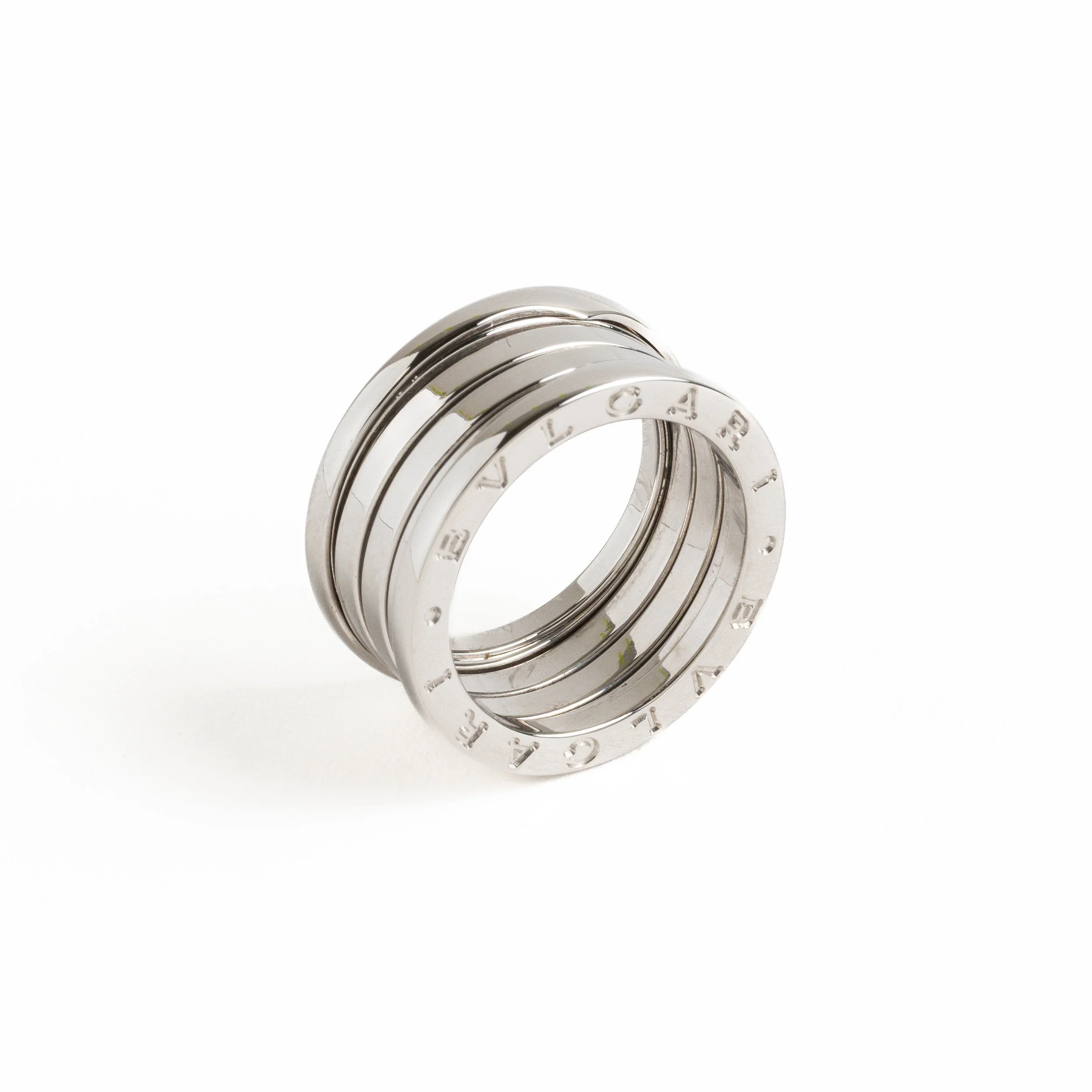 Bvlgari B.zero1 ring in 18k white gold, size 55, photographed on a white background.