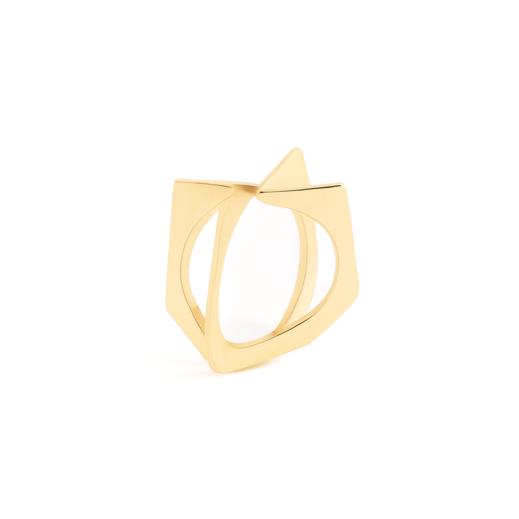 Vintage geometric 18k yellow gold ring in size K, photographed on a light background showing its minimal rounded silhouette.