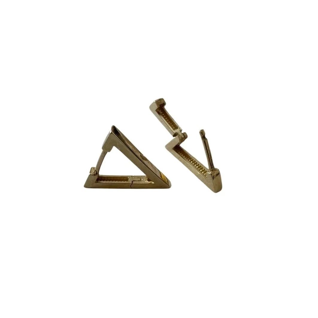Basel | Geometric Triangle Huggie Earrings in 9ct gold, triangular hoop inspired by European modernism, from Signature Vintage.