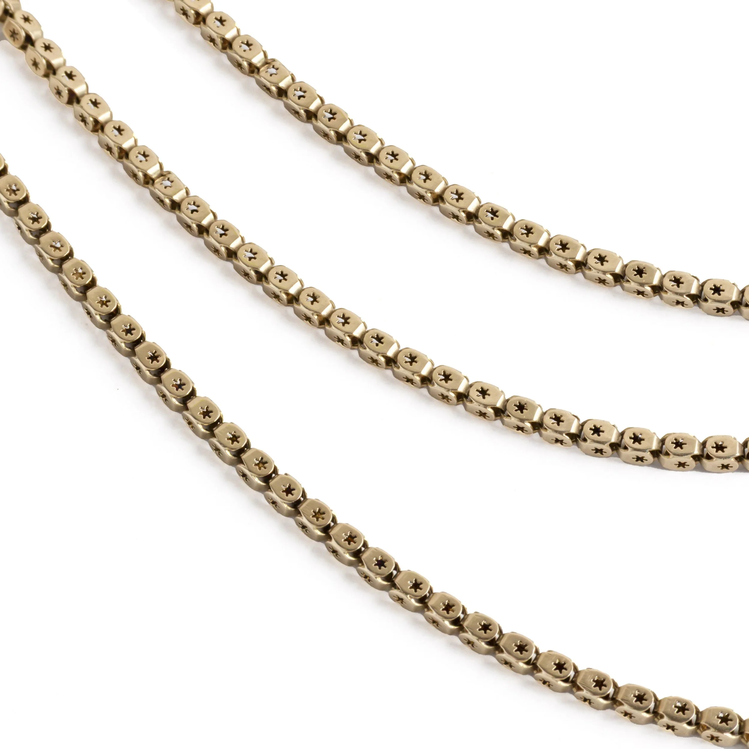 Close-up detail of vintage graduated box-link necklace showing articulated textured links