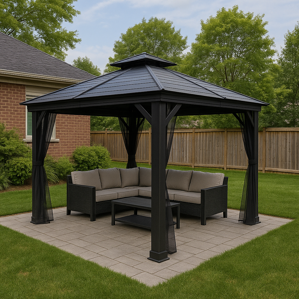 Gazebo assembly in Toronto in progress with professional installers building outdoor structure