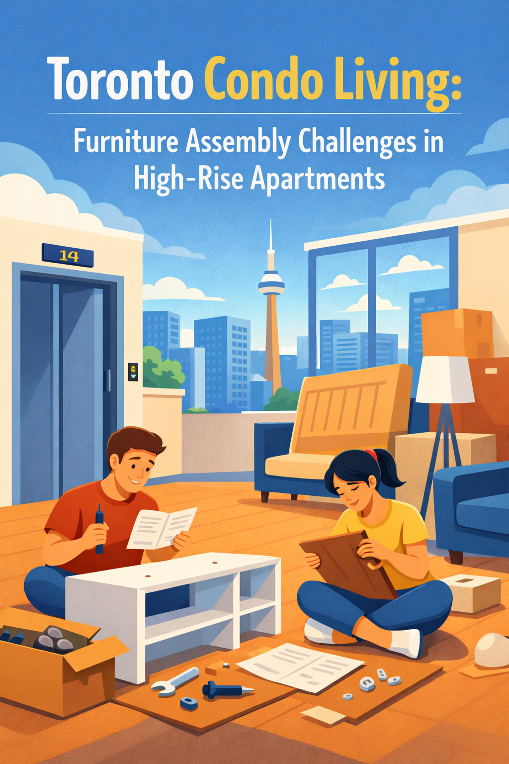 Minimalist illustration of a couple assembling furniture in a Toronto high-rise condo with city skyline view