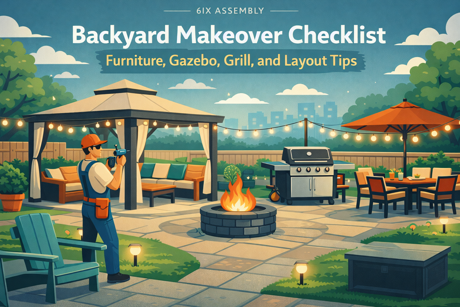 Illustrated backyard makeover with gazebo, patio furniture, grill, and lighting arranged in functional outdoor living zones for a modern setup