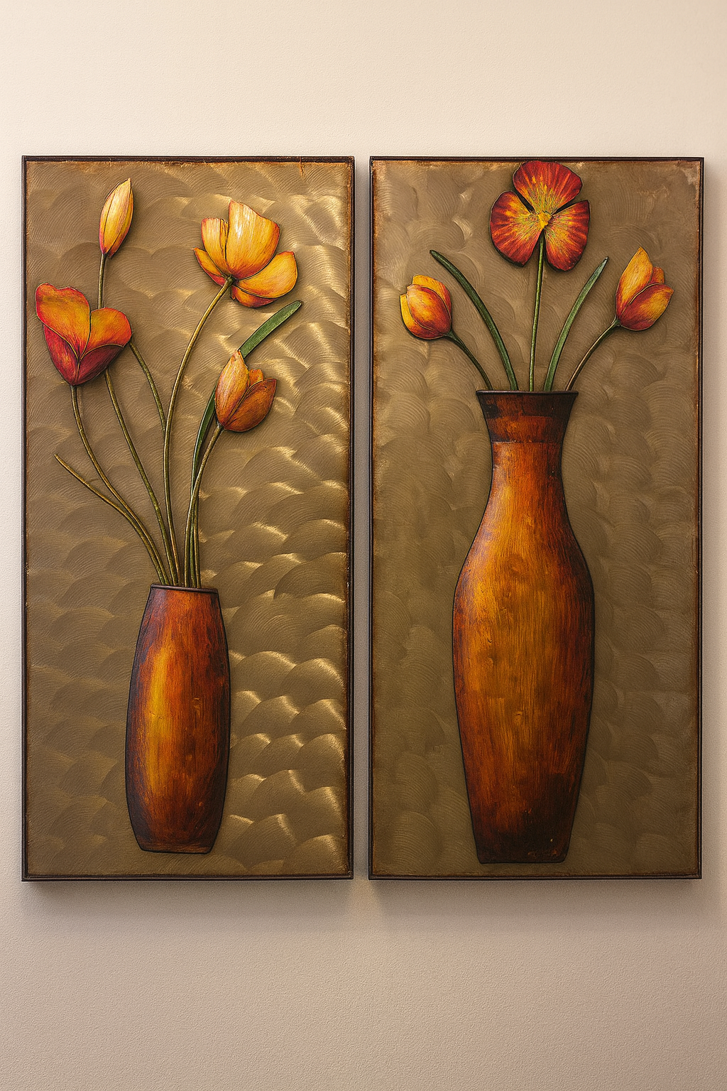 Two floral paintings featuring orange and yellow flowers in tall, brown vases with a textured gold background.
