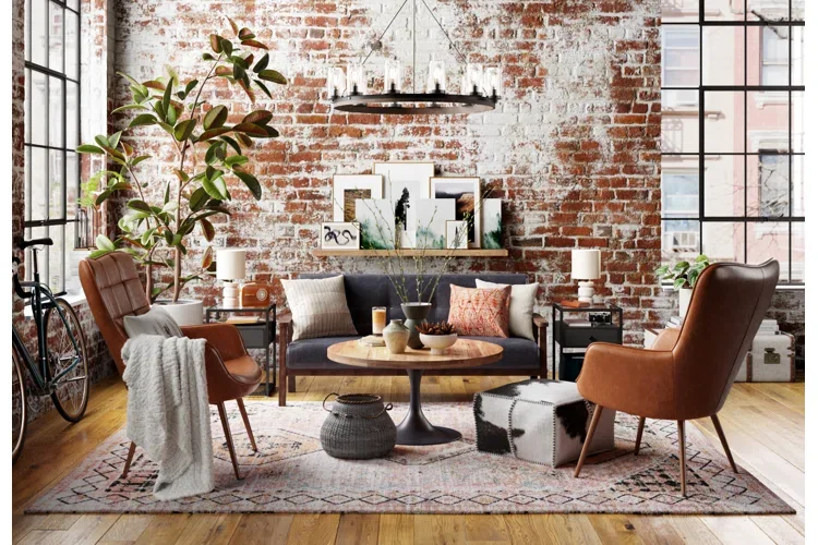 Urban living room with exposed brick walls, large windows, a black sofa, two armchairs, a round coffee table, potted plants, decorative artwork, and a patterned rug.