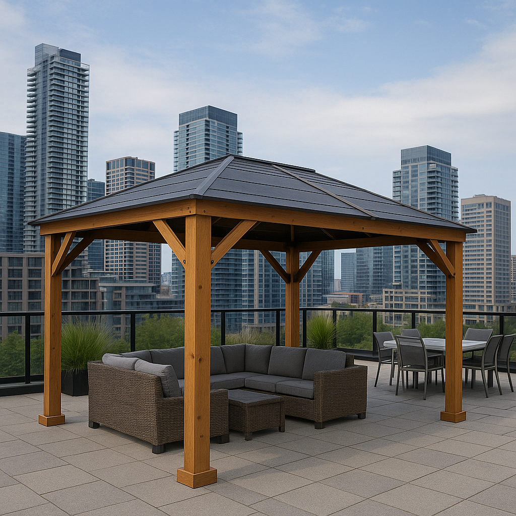 Finished gazebo installation in Toronto backyard with clean and level structure